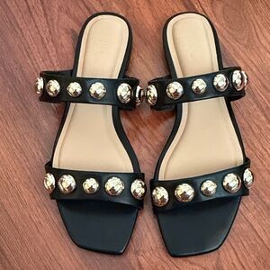 INC International Concepts Black Slide Sandals with Gold Studs